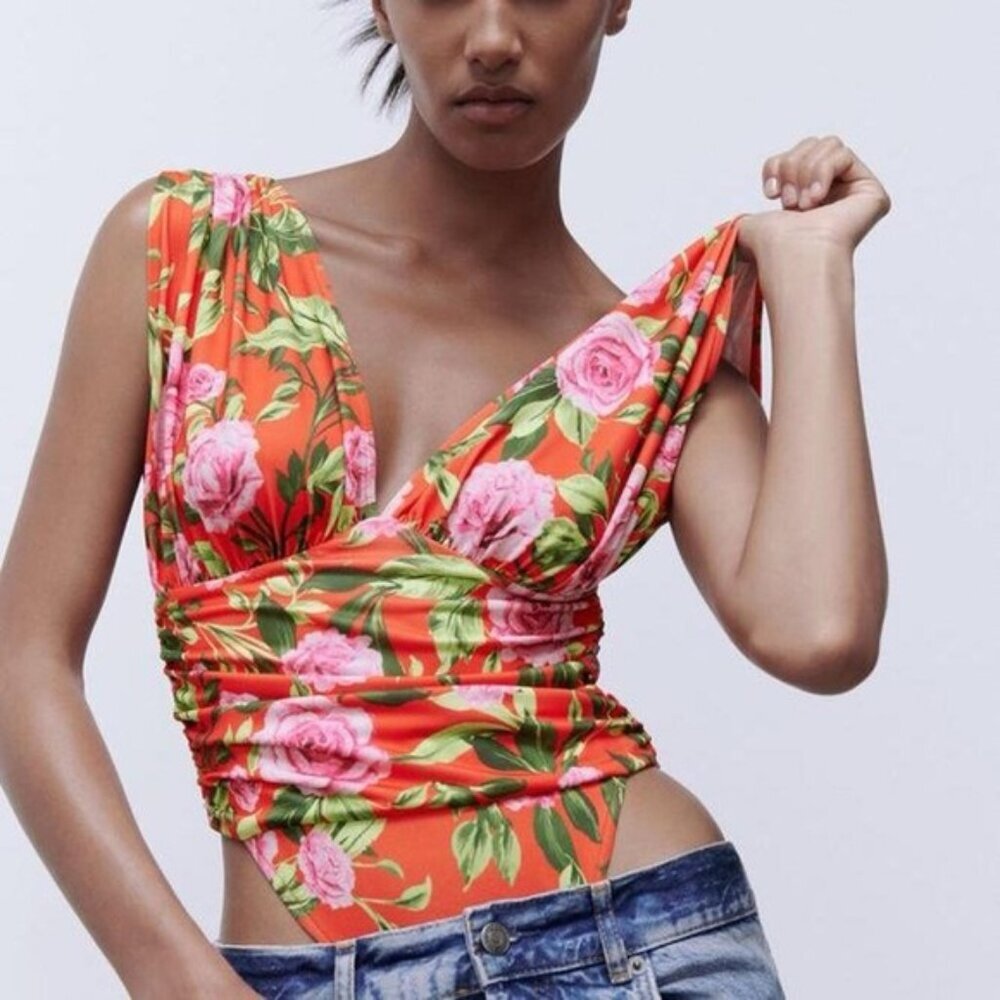 NWT ZARA Printed Draped V neck Wide Straps Bottom Snap Closure Bodysuit Sz S